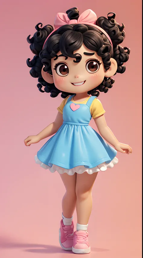 little baby girl, cute, chibi, black hair, (((heavy hair with buns))), (((curly hair))), (((short hair))), brown eyes, happy, smiling, brown skin, blue and pink long dress, white sneakers, plain yellow background soft pastel tone, figurine of vinyl, ((high...