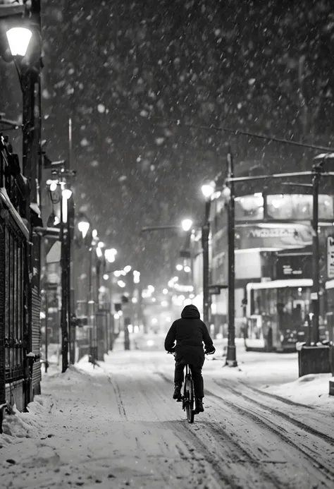 a person riding a bike down a snow covered street, a black and white photo, by Jean Crotti, featured on cg society, art photography, bus station, busy night, syndicate(2012), snowing, tram, stunningly ominous, storm weather, man walking, taken with a canon...