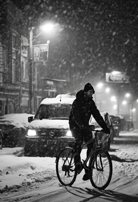 a person riding a bike down a snow covered street, a black and white photo, by Jean Crotti, featured on cg society, art photography, bus station, busy night, syndicate(2012), snowing, tram, stunningly ominous, storm weather, man walking, taken with a canon...