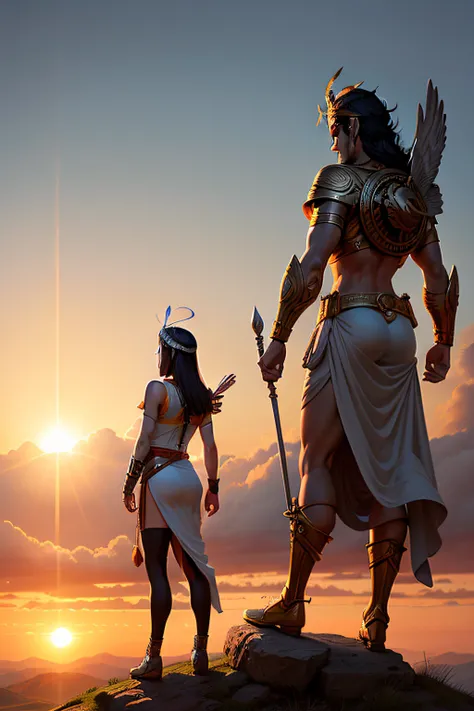 Athena with black hair standing on a hill next to the personified Hermes, looking towards the horizon in a sunrise