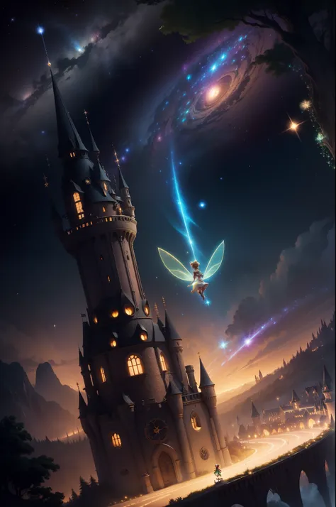 endless winding path lit by spiralling galaxies of stars, (((flying glowing Tinker Bell in the distance))), fairy tale castle in the distance, mystic, arcana, enchanted, three-point perspective, trompe-loeil,perfecteyes