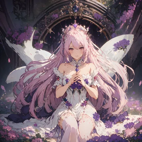 anime girl with long pink hair sitting on a bed with purple flowers, ((a beautiful fantasy empress)), guweiz on pixiv artstation, guweiz on artstation pixiv, beautiful fantasy anime, 8k high quality detailed art, white haired deity, a beautiful fantasy emp...