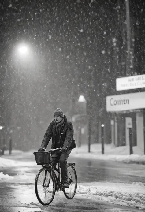 a person riding a bike down a snow covered street, a black and white photo, by Jean Crotti, featured on cg society, art photography, bus station, busy night, syndicate(2012), snowing, tram, stunningly ominous, storm weather, man walking, taken with a canon...