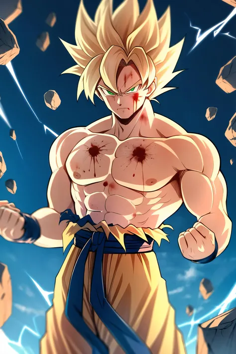 son goku, 1boy, artist name, biceps, blonde hair, blood, blood from mouth, blue sash, blue wristband, clenched hands, closed mouth, collarbone, dougi, electricity, energy, floating rock, frown, green eyes, looking at viewer, male focus, muscular, muscular ...