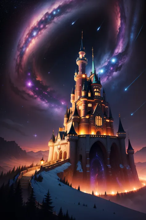 Endless winding trajectory, illuminated by spiral galaxies of stars, bright colours, Fairytale castle in the distance, Mystic, Arcana, enchanted, Three-point perspective