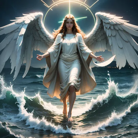 angel of god jesus christ walking on ocean waters with bright lights around neon light super realistic high resolution with maximum detail --auto --s2