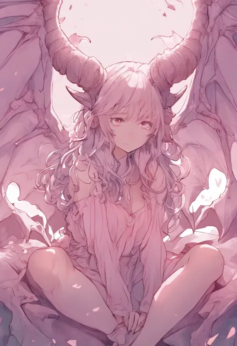 beautiful illustration, best quality, cute girl, bedroom, pastel color, succubus, demon wings, demon horns, demon tail, petite, silver long hair, stuffed toy, bright lighting, light pink eyes