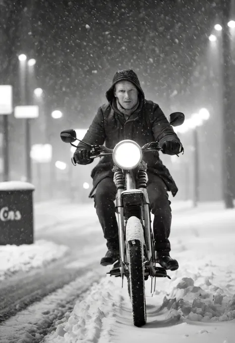 a person riding a bike down a snow covered street, a black and white photo, by Jean Crotti, featured on cg society, art photography, bus station, busy night, syndicate(2012), snowing, tram, stunningly ominous, storm weather, man walking, taken with a canon...