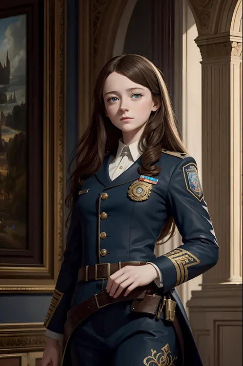 (young Caitlin Blackwood ), ((masterpiece)), high quality, ultra-detailed, futurism, police uniform, human confusion, (kaan style), 8k, best illustration, graceful, correct body anatomy, high resolution,, stunning, highly detailed, 8k, ornate, intricate, c...