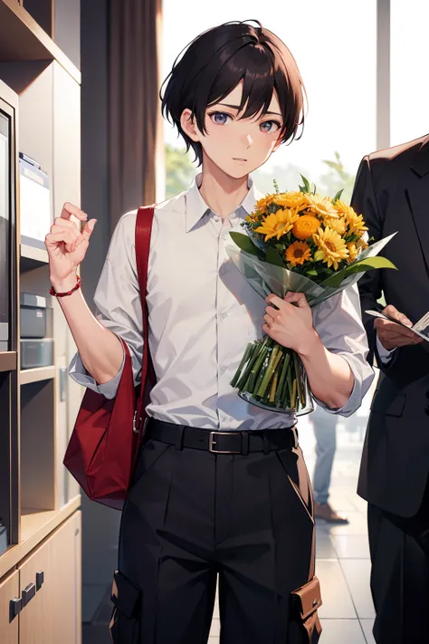 twinks　Button Shirt　Cargo pants　Holding a bouquet　jpn　A dark-haired　male people