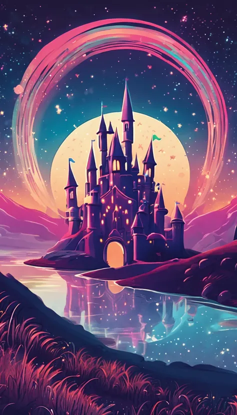 Endless winding trajectory, illuminated by spiral galaxies of stars, bright colours, Fairytale castle in the distance, Mystic, Arcana, enchanted, Three-point perspective