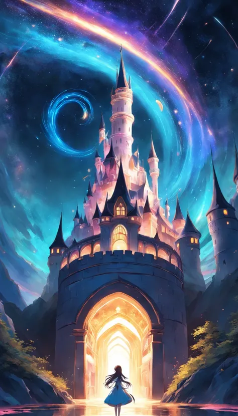 Endless winding trajectory, illuminated by spiral galaxies of stars, bright colours, Fairytale castle in the distance, Mystic, Arcana, enchanted, Three-point perspective