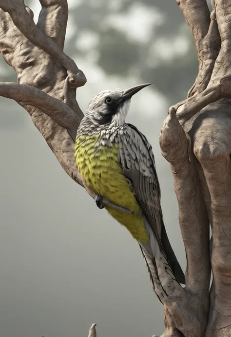 Bird of the spice African herrerito color white face with gray stripes and part of the body behind , en la parte de adelante color limon que este en un arbol  sea el protagonista principal Renderizado realista natural, fotorrealista altamente detallado, re...