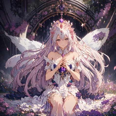 anime girl with long hair and purple dress holding a flower, cushart krenz key art feminine, ((a beautiful fantasy empress)), masterpiece goddess of sorrow, high detailed official artwork, anime goddess, white haired deity, a beautiful fantasy empress, det...