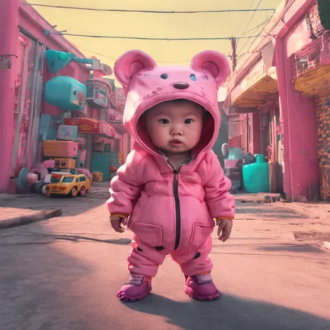 full body shot 8K picture, little  toddler  wearing a big  oversized cute full head  big pastelle pink  cartoon bearcub-mask masquerade with a turqois yellow pink tracksuit on,big belly, fat, in post-apocalyptic rural korea, at an out-of-service gasstation...