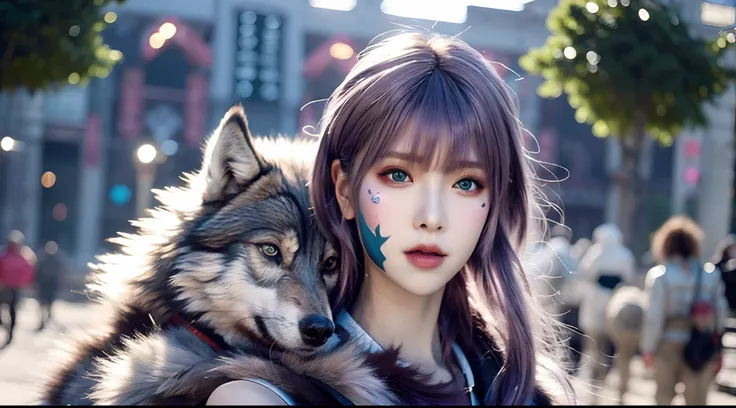 close-up of a woman and a wolf, purple hair, hairline, facepaint, anime big breast, motion blur, polar opposites, cut-in, lens f...