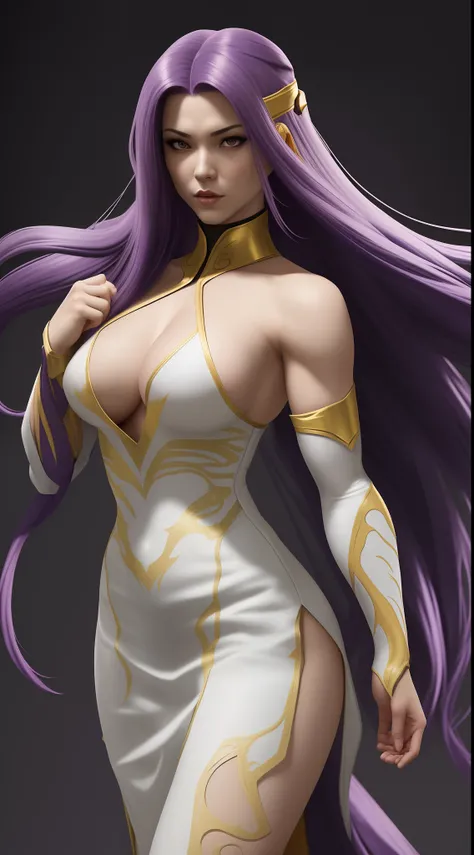 A beautiful woman with long purple hair wearing a white and golden ninja dress who has a very sexy body who is a master of martial arts in the mortal kombat 11 style