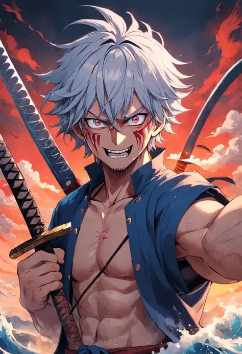 um homem alto velho de estatura adulta, with sharp teeth with that of a shark, medium white colored hair, olhos vermelhos que mostre todas suas cicatrizes de batalhas, holding three black X-shaped swords , com roupas de samurai mostrando sua barriga trinca...