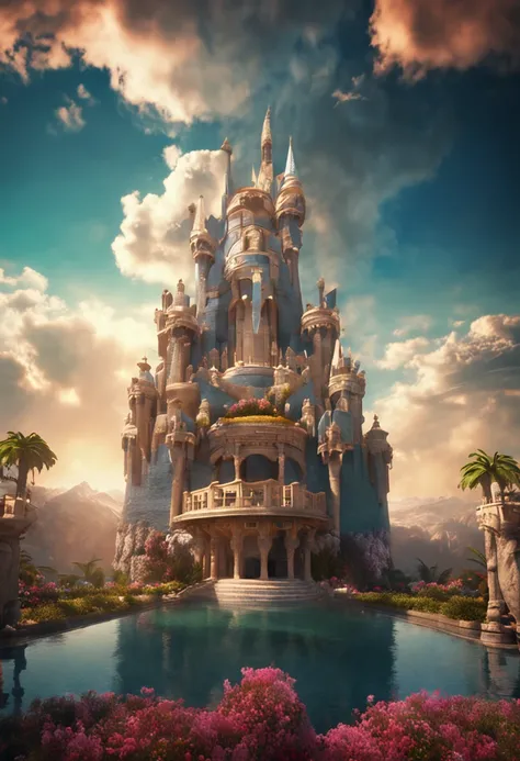 Sky realm. Palace in the sky. Castle In The Sky With Sun Rays And White Clouds