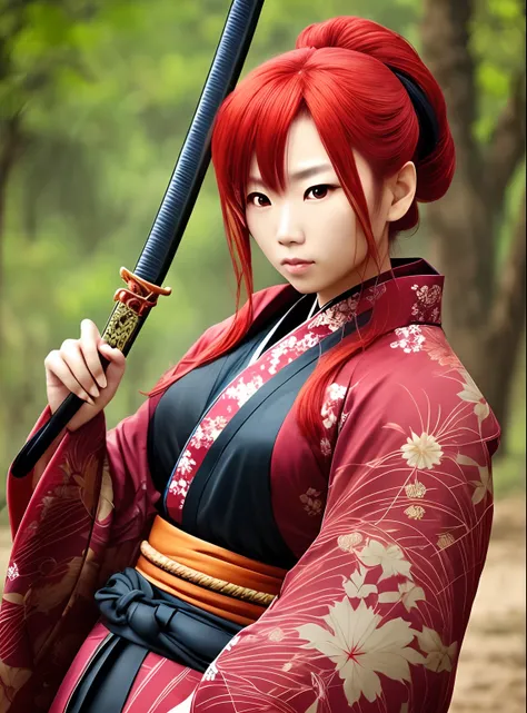 Samurai woman, red hair, katana long, kimono --auto --s2