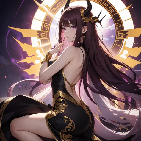 Woman, messy light brown long hair with a purple tint, dragon horns and tail, white and black Chinese dress with tight-fitting elements on her arms and legs, gold divine light, Gods gaze, a sun circle behind her back, indifferent and cold gaze, light lipst...