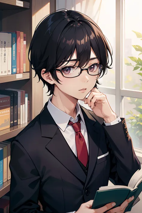 atlibrary　jpn　A dark-haired　short hair　male child　High school students　neck tie　eye glass　read a book