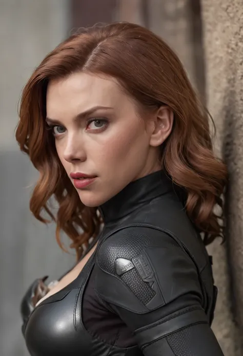 Scarlett Johansson as a black widow from the Marvel universe, in an urban environment, 2k