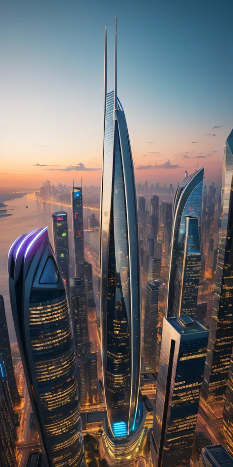 ((masterpiece, best quality)), 8k, modern skyscrapers, zaha hadid architecture style, photo realistic, hyper detailed photo, clean sky, futuristic city, cyberpunk, evening time, sunset