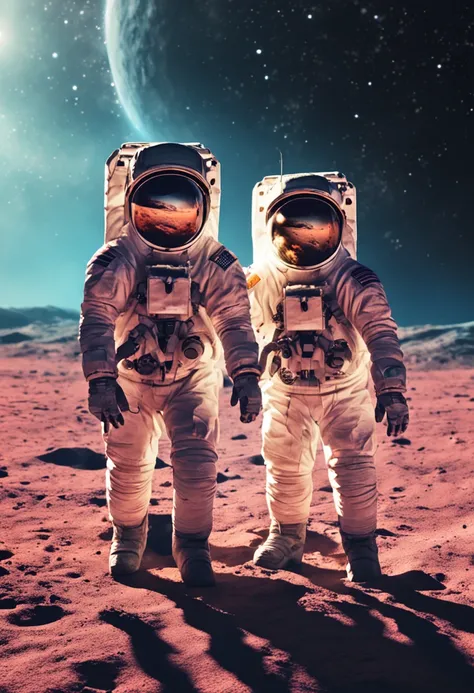 4k, Realistic, Muito Detalhe, There is a man holding his son by the hand, Theyre walking on the moon, They are astronauts, galaxy theme, roupas de astronauta, corpo inteiro. Pai e filho astronautas, Walking hand in hand, Facing the camera