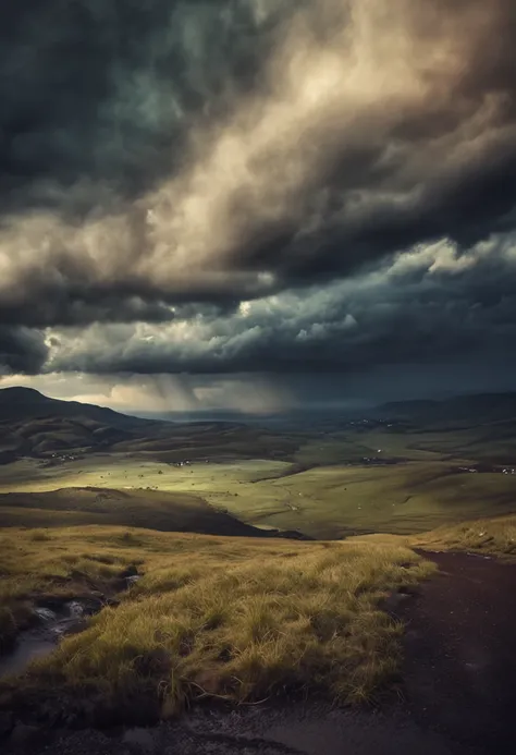 The scenery is a landscape that conveys the beginning of the storm, with dark clouds forming on the horizon and the first drops of rain beginning to fall. Create an atmosphere of mystery and hope, capturing the moment when Noah hears Gods voice and prepare...