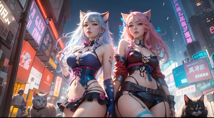 anime - style image of two women with pink and blue hair dressed in red and blue corset, posing in Akihabara for a foto shooting, Captured from worms eye view, 4 meters distance to viewer, wlop and sakimichan, attractive cat girl, artwork in the style of g...