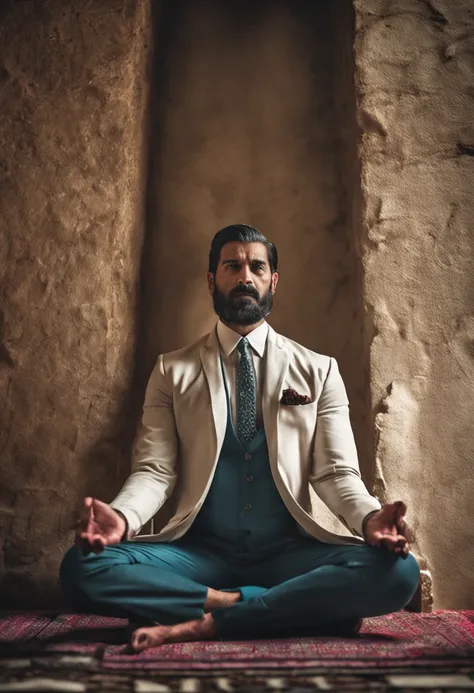 (Un hombre con traje)  (sitting in meditation position)  (Ojos cerrados 1.3) (mostrando todo el cuerpo 1.4) (se encuentra en un cuarto blanco)