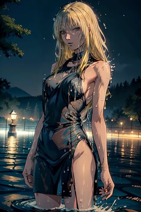 blue/brown eyes,best quality, masterpiece, 1girl, solo, kanzakiurumi, mature female, medium breasts, slender body, blond, , black dress, wet, wet dress, wet clothes, night, star (sky), heterochromia, lake, park, blue/brown eyes, cowboy shot,