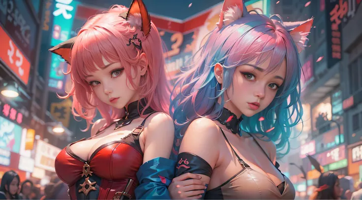 anime - style image of two women with pink and blue hair dressed in red and blue corset, posing in Akihabara for a foto shooting, Captured from worms eye view, 4 meters distance to viewer, wlop and sakimichan, attractive cat girl, artwork in the style of g...