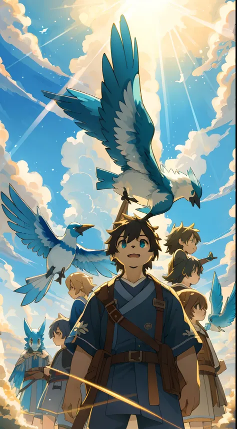 top quality, best quality, High-quality illustrations, masterpiece, super high resolution, detailed background, Blue sky((movie of bird creatures and human child)), 6+boys, 6+girls, absurdres(highly detailed beautiful face and eyes)perfect anatomy, express...