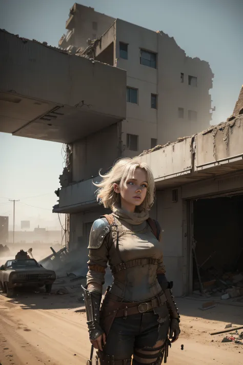 post mad max scene damaged building no future scifi under attack female in worn armours