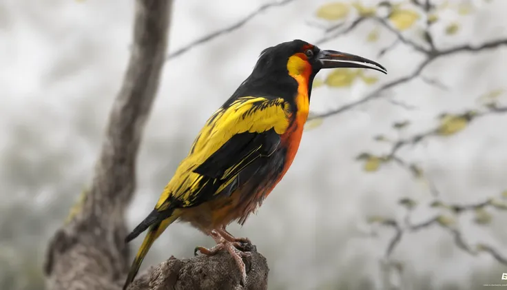 un pajaro piranga ludoviciana cabeza naranja ,piquito negro ,head hata the front body yellow and wings black with yellow that this in a tree is the main protagonist Natural realistic rendering, fotorrealista altamente detallado, render fotorrealista, Arte ...