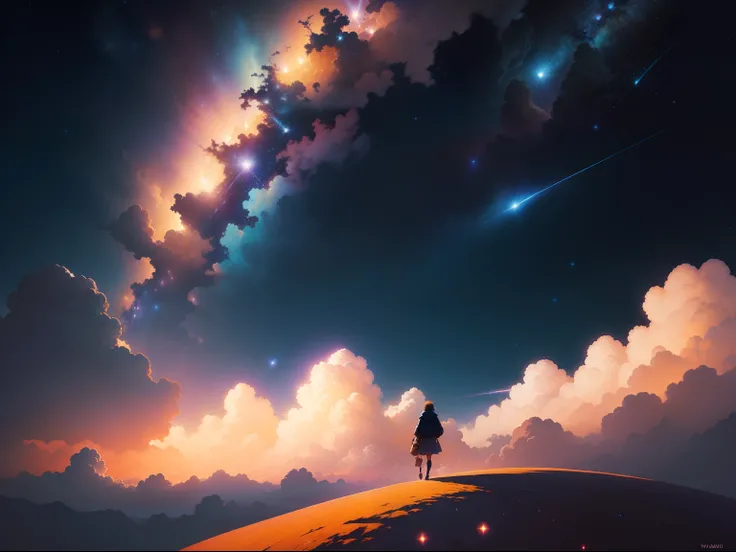 Starry sky with a person walking on a hill, sky illuminated by stars, studio ghibli sky, nuvens de anime, sitting on the cosmic cloudscape, por RHADS, RHADS!!!