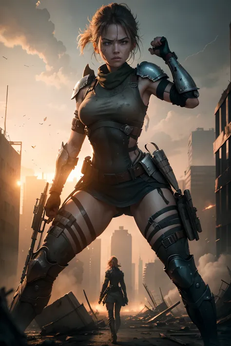 "(In a post-apocalyptic scene, showcase a fearless female warrior fighting against unknown forces amidst damaged buildings with a gritty sci-fi atmosphere, wearing worn armors)."