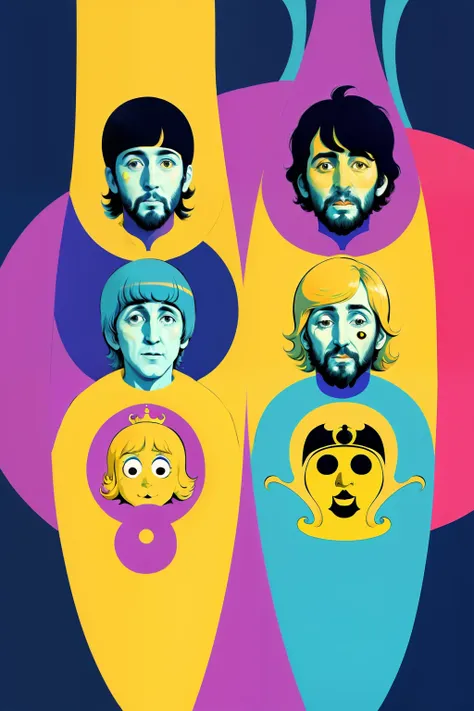 The Beatles On a yellow submarine, concept art, 4k, in the style of peter max