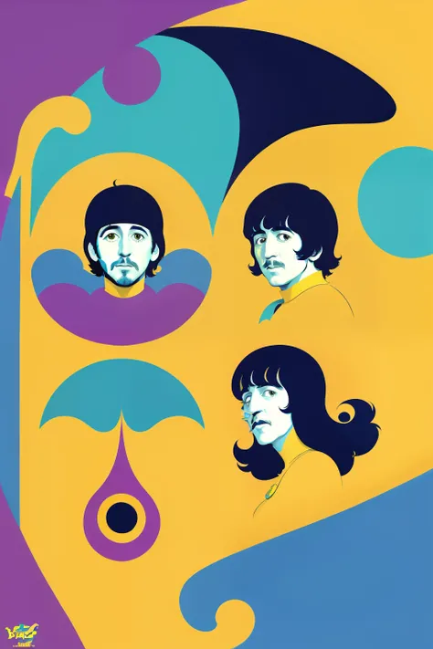 The Beatles On a yellow submarine, concept art, 4k, in the style of peter max