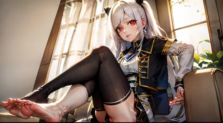 white hair,red eyes,feets in front of the viewer,sitting