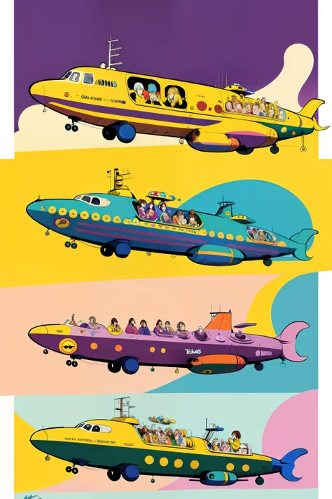 The Beatles On a yellow submarine, concept art, 4k, in the style of peter max