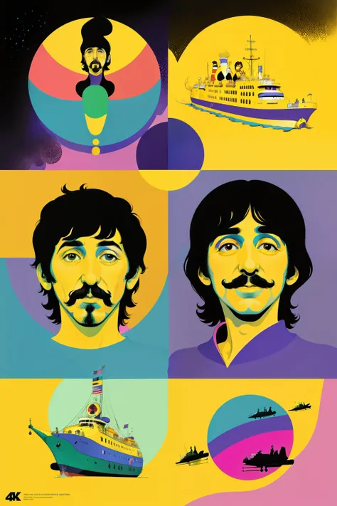 The Beatles On a yellow submarine, concept art, 4k, in the style of peter max