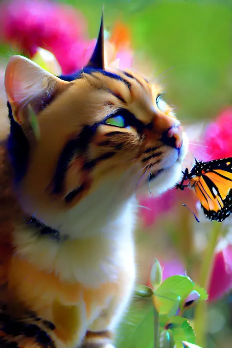 A cat is a garden landscape hunting a butterfly