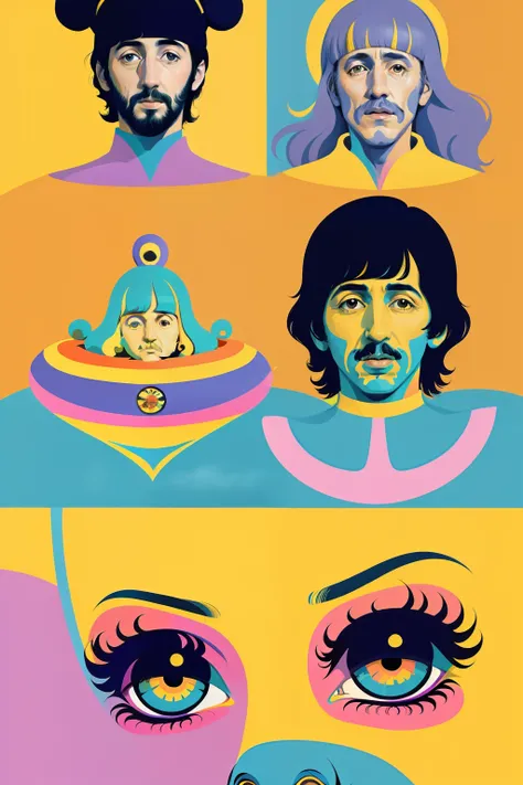 The Beatles On a yellow submarine, concept art, 4k, in the style of peter max