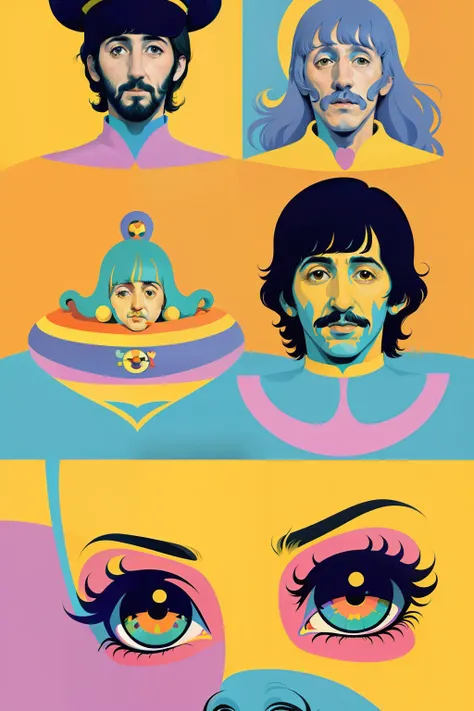 The Beatles On a yellow submarine, concept art, 4k, in the style of peter max