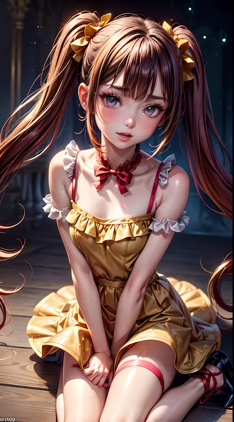 (fullbody, legs and shoes visible: 1.2)) expressive eyes, woman, pale skin, long hair, windblown hair, ((long hair)), long sidelocks, hime bangs, hair fringe, hair bun, ((long twintails)), lush hair, red hair, blushing, full face blushing, big sparkling gl...