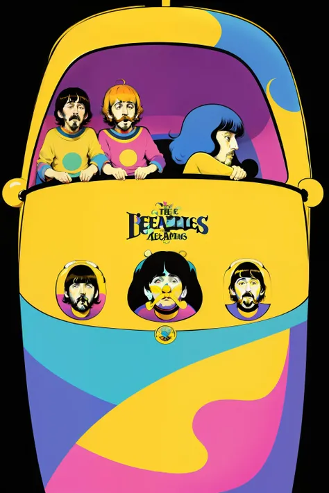 The Beatles On a yellow submarine, concept art, 4k, in the style of peter max