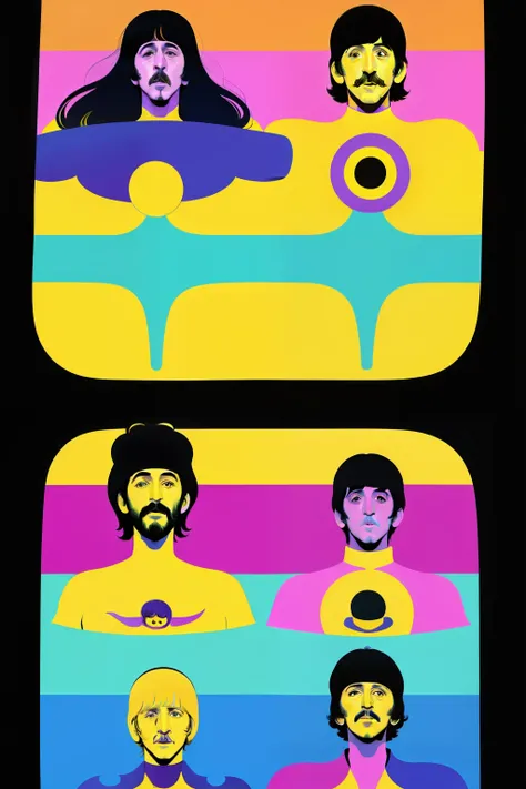 The Beatles On a yellow submarine, concept art, 4k, in the style of peter max